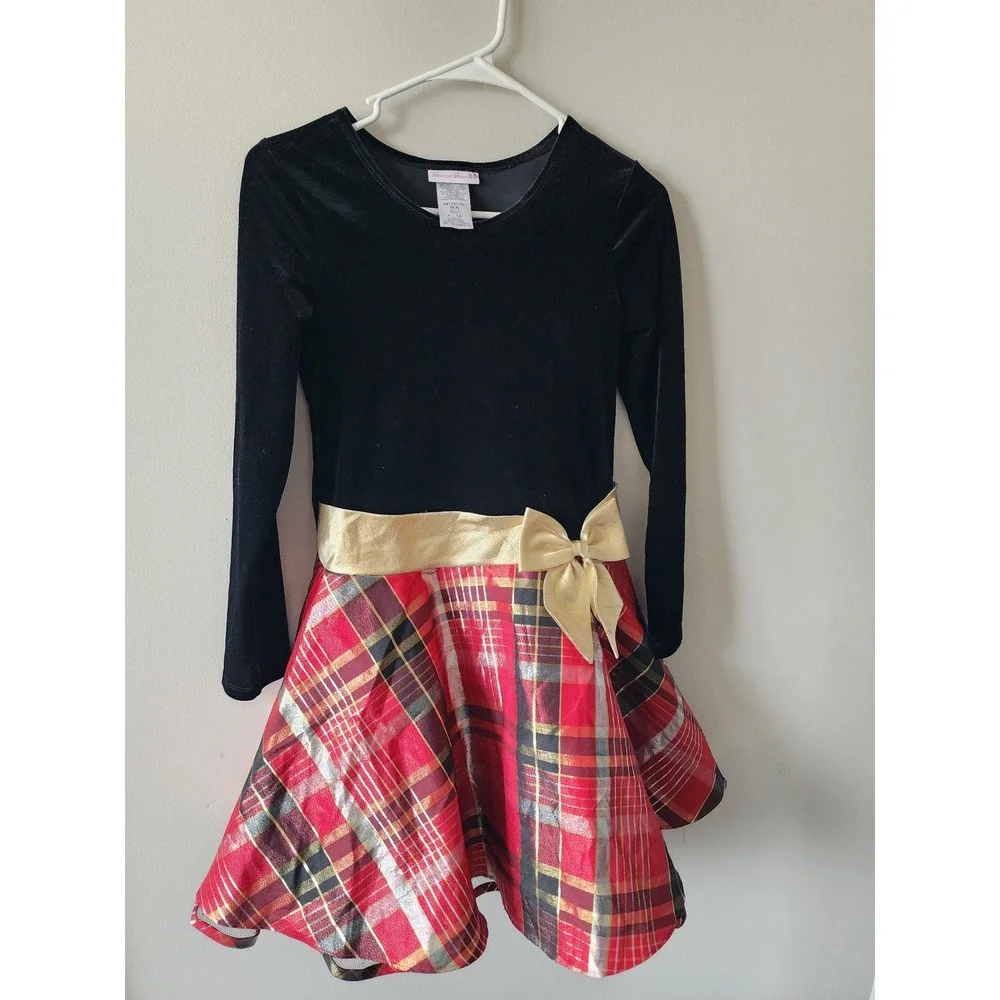 Bonnie Jean Dress Size 14 Girls Black Velvet Red Gold Metallic Plaid Holiday